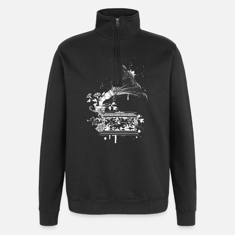Nostalgic Gramophone – Floral Line Art - Quarter-Zip Sweatshirt - black