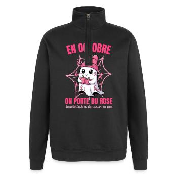 In October we wear pink, Fantôme Octobre Rose - Quarter-Zip Sweatshirt - black - Front - AI Model Female 172 light (172cm) & AI Model Male 178 dark (178cm)