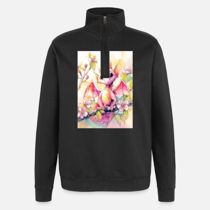 Dragon aquarelle florale - Sweat à zip 1/4 - noir