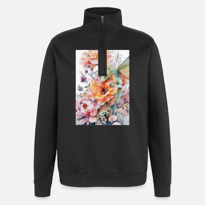 Dragon aquarelle et jardins fleuris - Sweat à zip 1/4 - noir