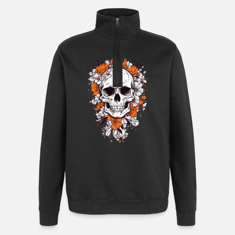 Crâne avec des fleurs - Sweat à zip 1/4 - noir