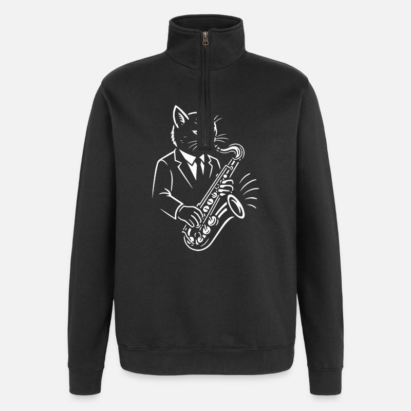Cat Jazz spielt Saxophon - Quarter-Zip-Sweatshirt - Schwarz