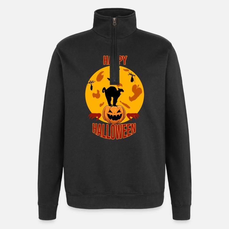 Joyeux Halloween Chat Lune Citrouille - Sweat à zip 1/4 - noir