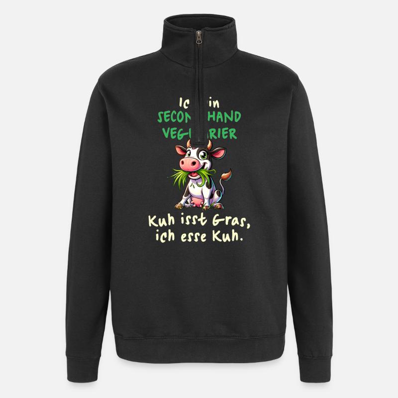 Second Hand Vegetarier – Lustiges Kuh-Design - Quarter-Zip-Sweatshirt - Schwarz