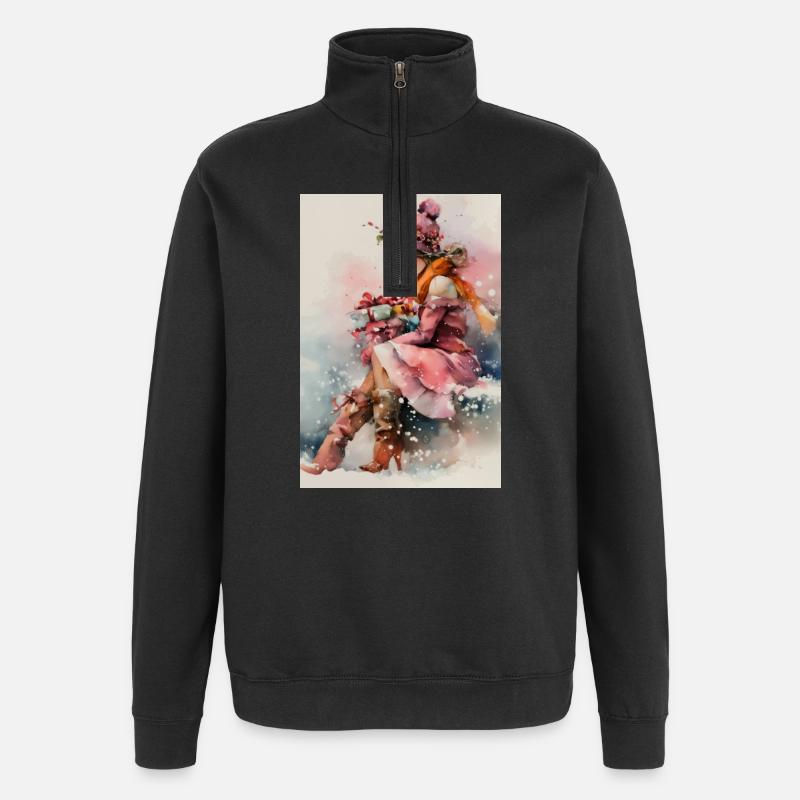 Fille d'hiver en aquarelle et cadeaux - Sweat à zip 1/4 - noir