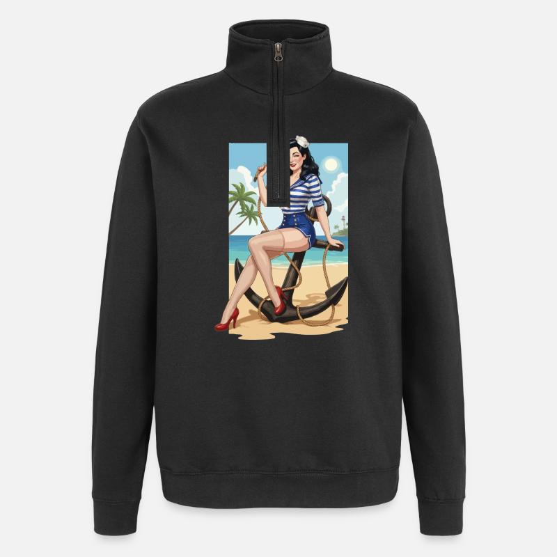 Pin-up de marin de plage - Sweat à zip 1/4 - noir