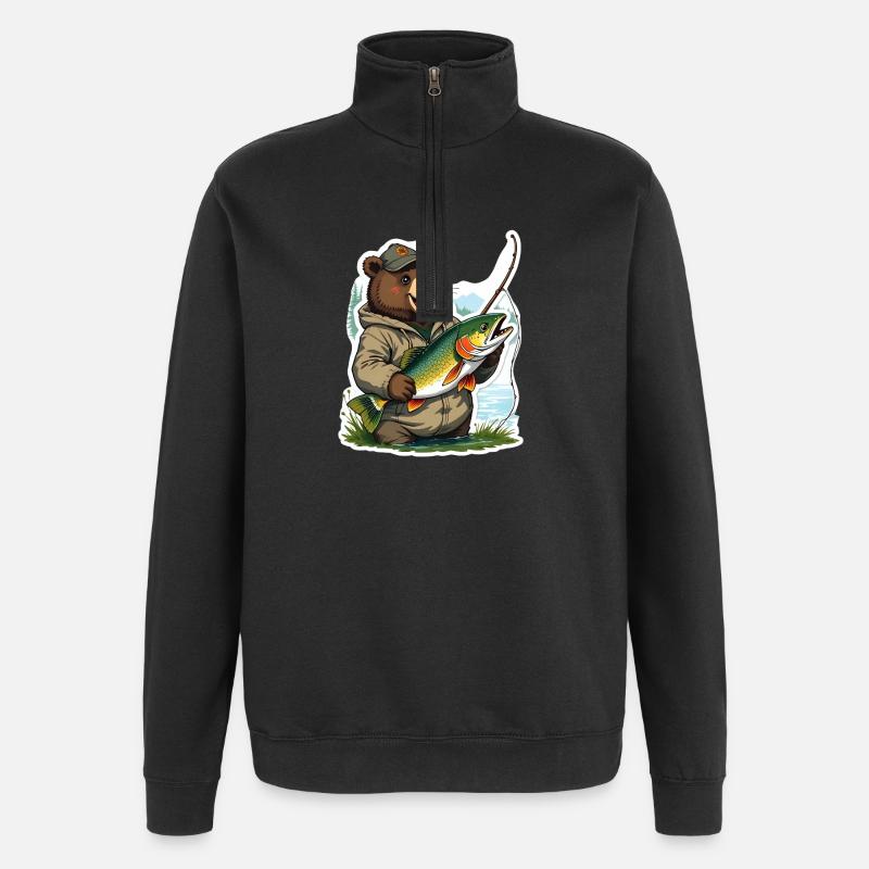 Anglerbär mit Forelle - Quarter-Zip-Sweatshirt - Schwarz