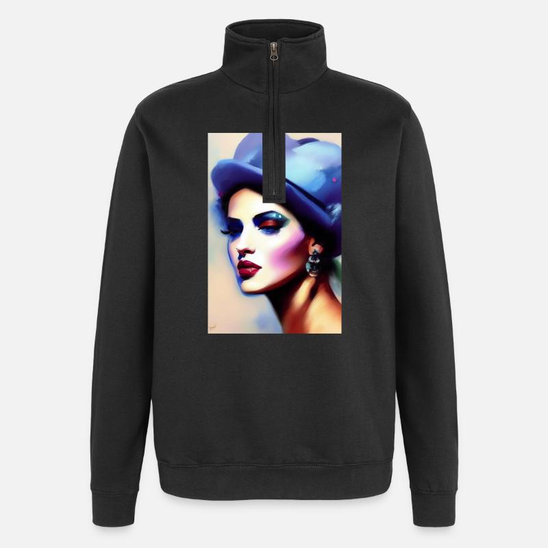 Schöne Frau mit Hut - Quarter-Zip-Sweatshirt - Schwarz