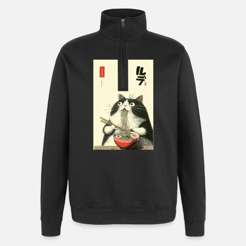 Nudelkatze Ukiyoe-Stil - Quarter-Zip-Sweatshirt - Schwarz