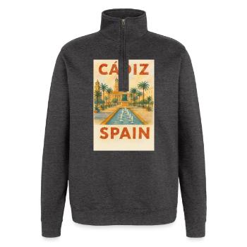 Cadix, Espagne – Plaza des affiches de voyage aquarelle - Sweat à zip 1/4 - charbon - Devant - AI Model Female 172 light (172cm) & AI Model Male 178 dark (178cm)
