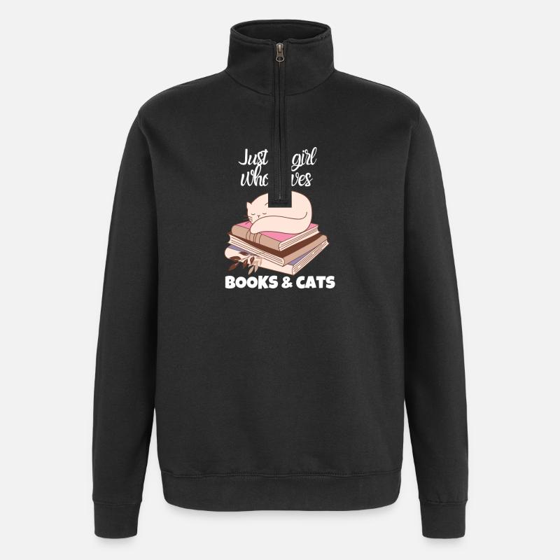Bücher & Katzen Liebe - Quarter-Zip-Sweatshirt - Schwarz
