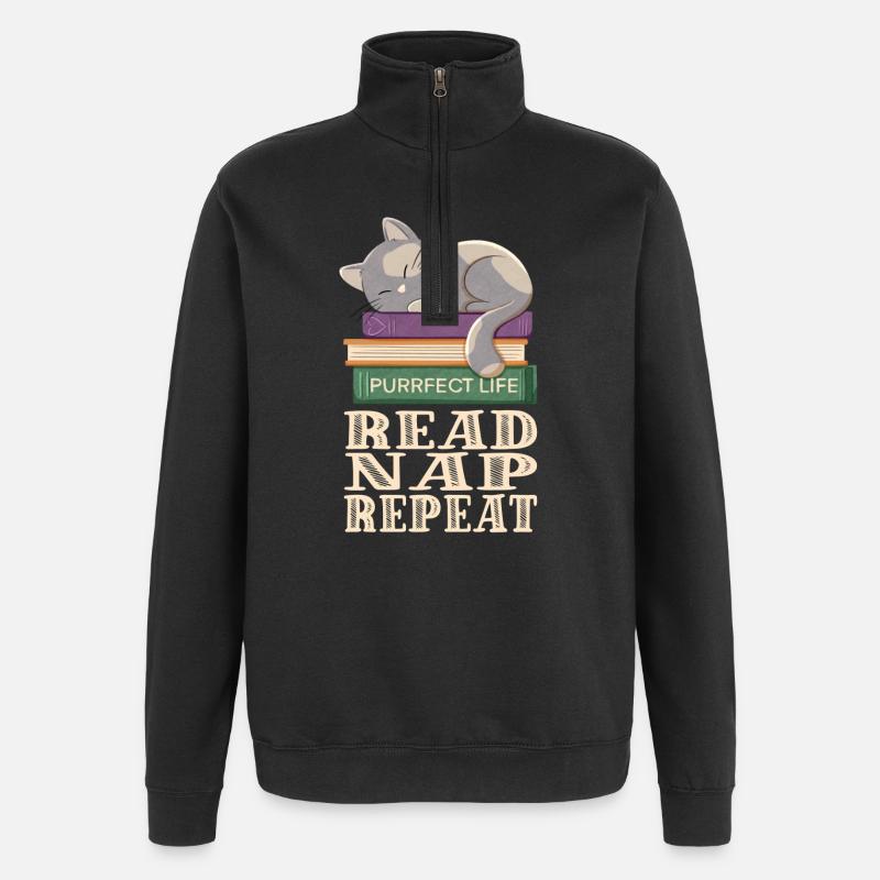Reading, sleeping, repeating and cats - Quarter-Zip Sweatshirt - black