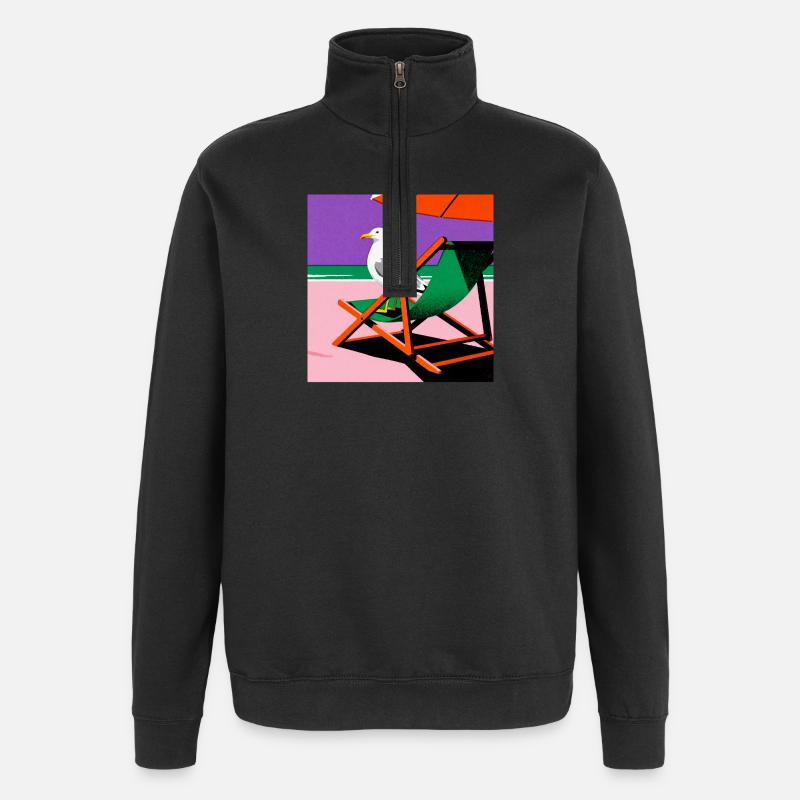 Bunter Strandstuhl und Möwe - Quarter-Zip-Sweatshirt - Schwarz