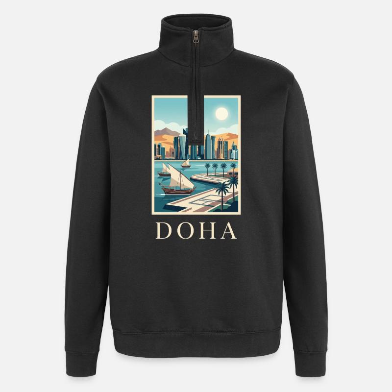 Doha Waterfront Cityscape Katar Reiseplakat - Quarter-Zip-Sweatshirt - Schwarz