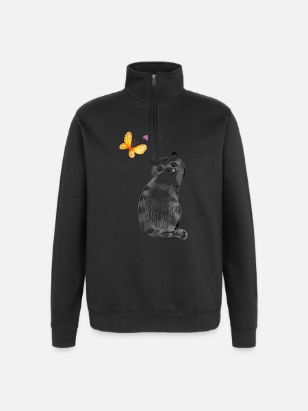 Katze mit Schmetterlingen – Skizzen-Design - Quarter-Zip-Sweatshirt - Schwarz