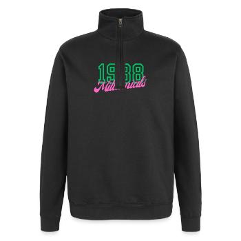 1988 Millennial Digitales Keynote Design - Quarter-Zip-Sweatshirt - Schwarz - Vorne - AI Model Female 172 light (172cm) & AI Model Male 178 dark (178cm)