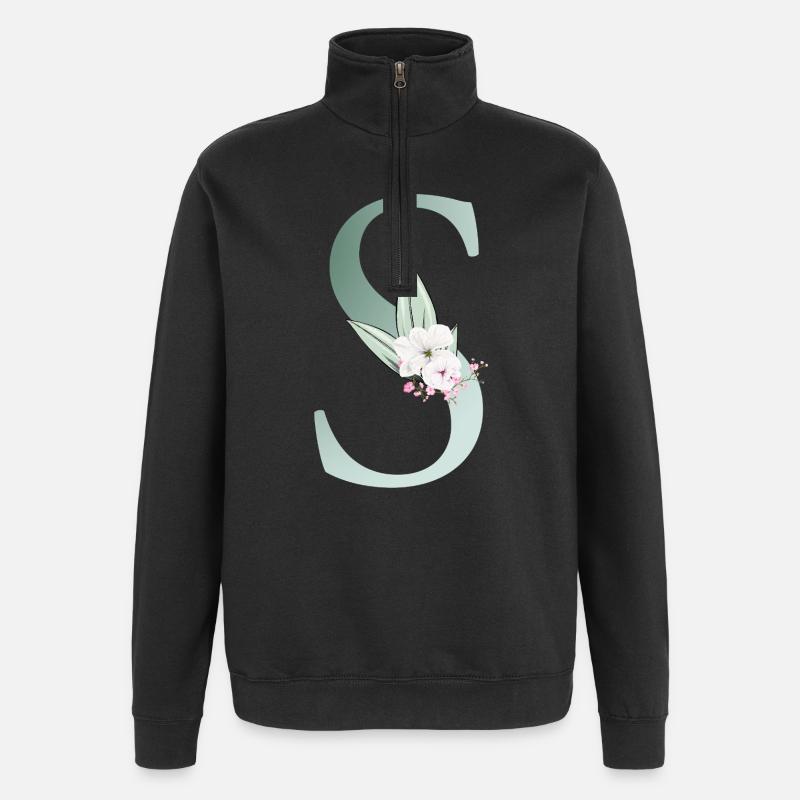 S Monogramme, Floral, Personnalisable - Sweat à zip 1/4 - noir