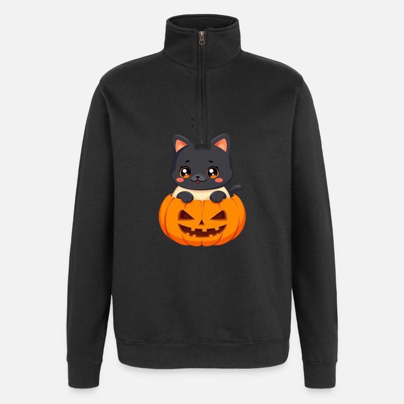 Chat d’Halloween avec citrouille d’Halloween - Sweat à zip 1/4 - noir