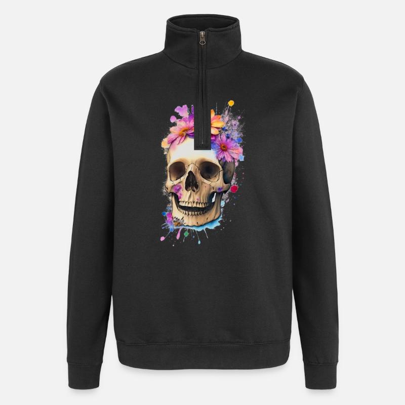 Crâne avec des fleurs - Sweat à zip 1/4 - noir