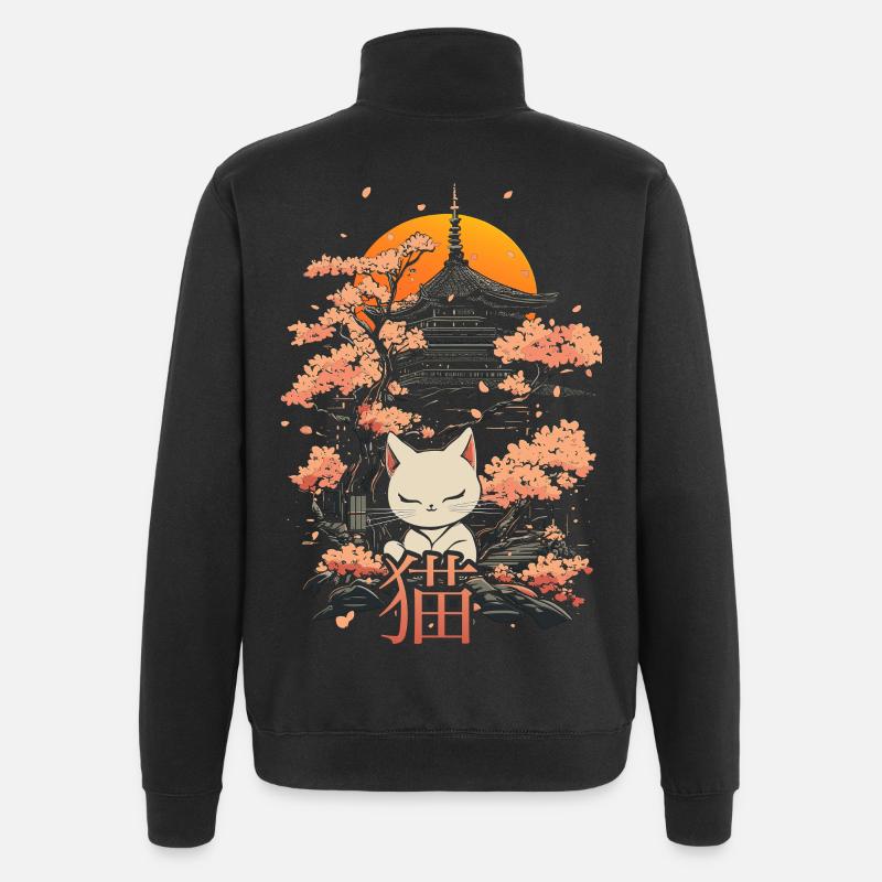 Neko - Chat japonais et sakura - Sweat à zip 1/4 - noir
