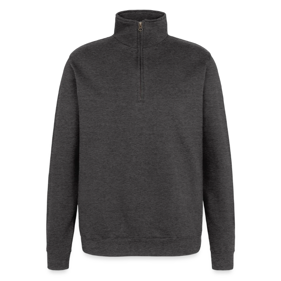 Lucerne badge on a quarter-zip sweatshirt, charcoal grey