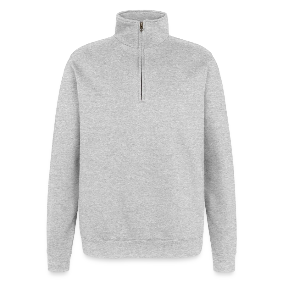 Lucerne badge on a quarter-zip sweatshirt, heather grey