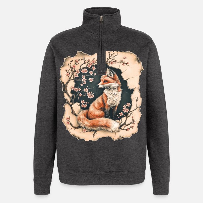 Fuchs mit Kirschblüten - Quarter-Zip-Sweatshirt - Anthrazit