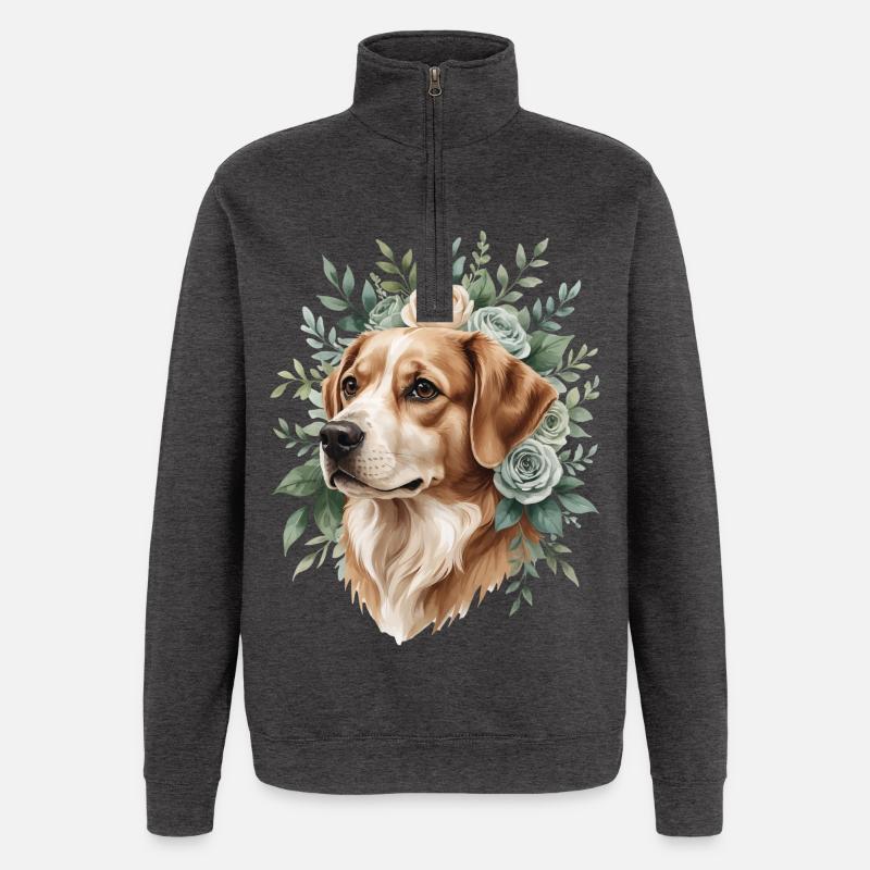 Chien avec une couronne de fleurs - Sweat à zip 1/4 - charbon