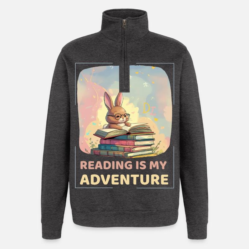 Rabbit reading with adventure style - Quarter-Zip Sweatshirt - charcoal grey