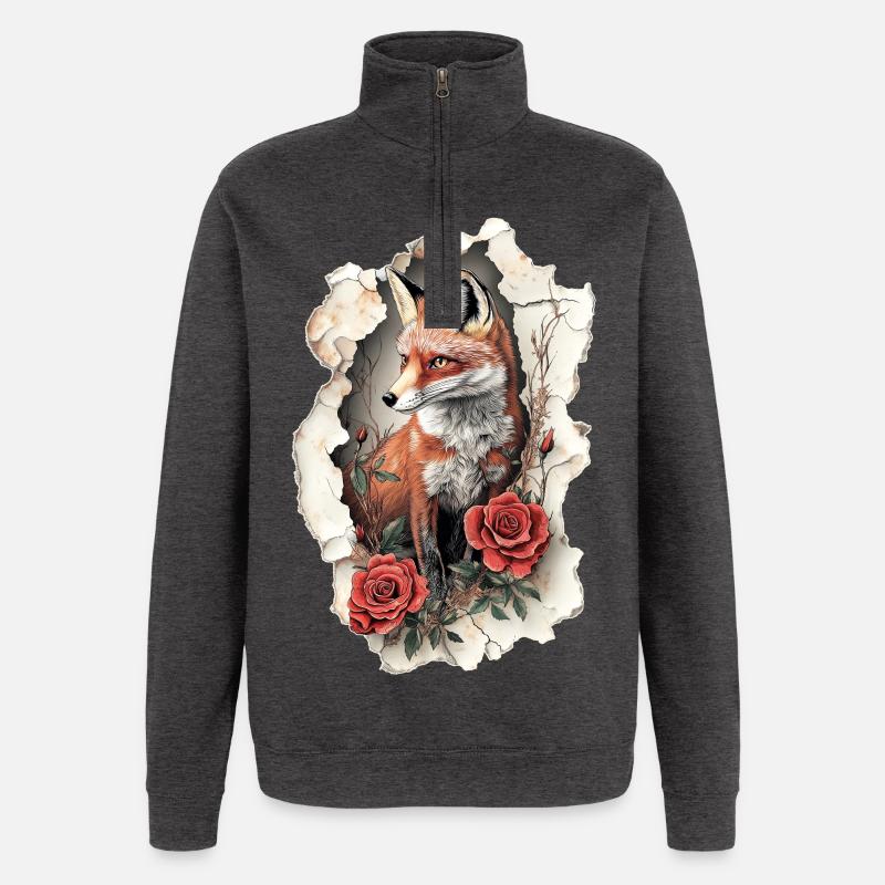 Renard avec des fleurs - Sweat à zip 1/4 - charbon