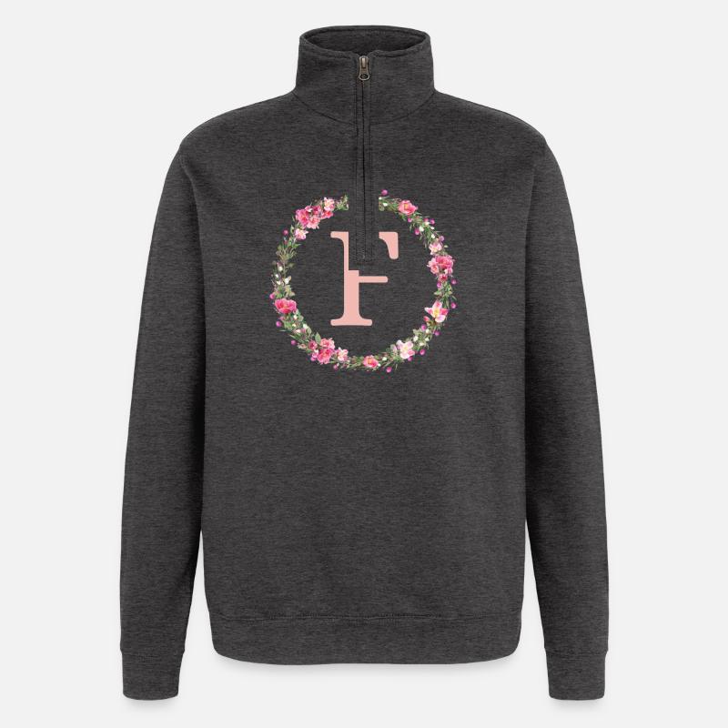 F Monogram, Flower Wreath, Personalizable - Quarter-Zip Sweatshirt - charcoal grey