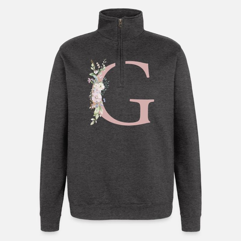 G Monogramm, Floral, personalisierbar - Quarter-Zip-Sweatshirt - Anthrazit