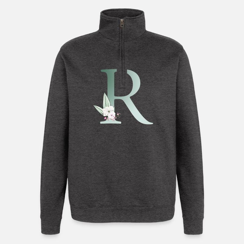 R Monogram, Floral, Personalizable - Quarter-Zip Sweatshirt - charcoal grey