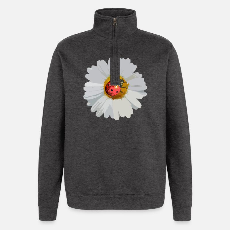 Daisies with Ladybug Motif - Quarter-Zip Sweatshirt - charcoal grey