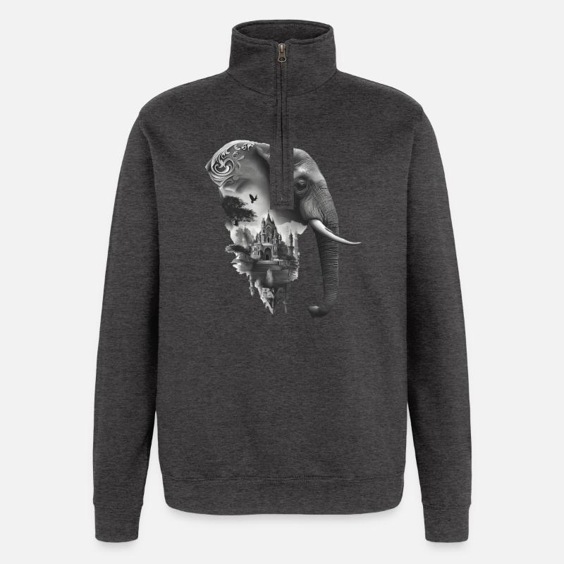 Éléphant et temple en collage - Sweat à zip 1/4 - charbon