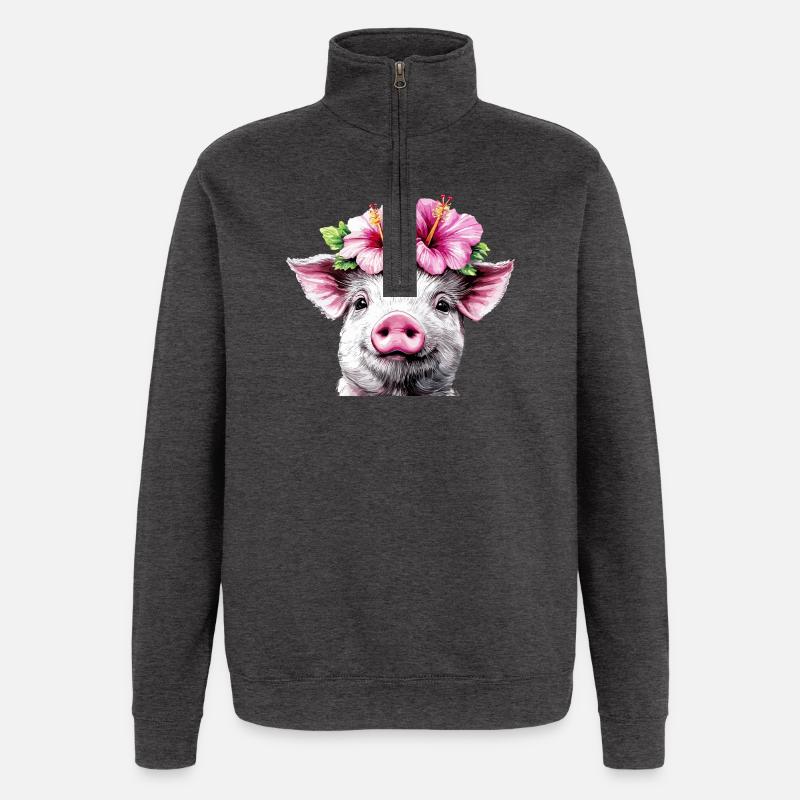 Hibiscus Crown Pig - Quarter-Zip Sweatshirt - charcoal grey