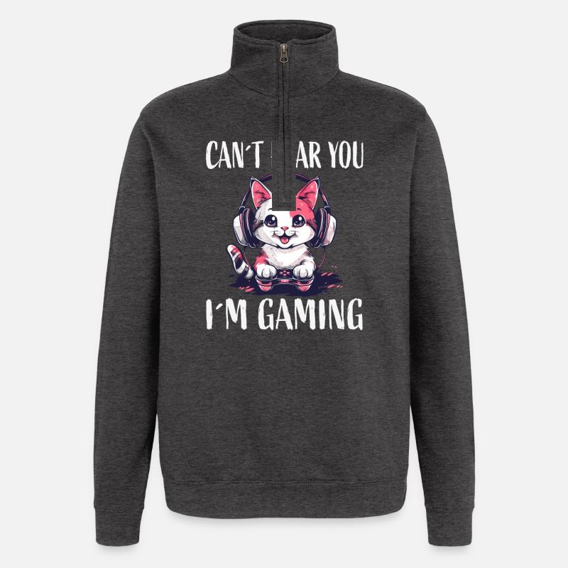 Katzengamer mit Kopfhörern - Quarter-Zip-Sweatshirt - Anthrazit