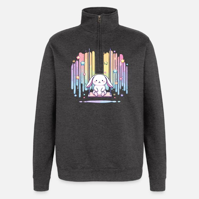 Pastel bunny on swing rainbow - Quarter-Zip Sweatshirt - charcoal grey