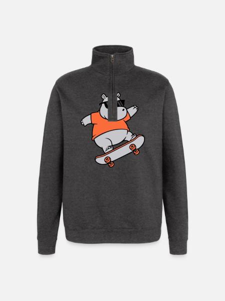 Cool Hippopotamus Skater Skateboard Vector - Quarter-Zip Sweatshirt - charcoal grey