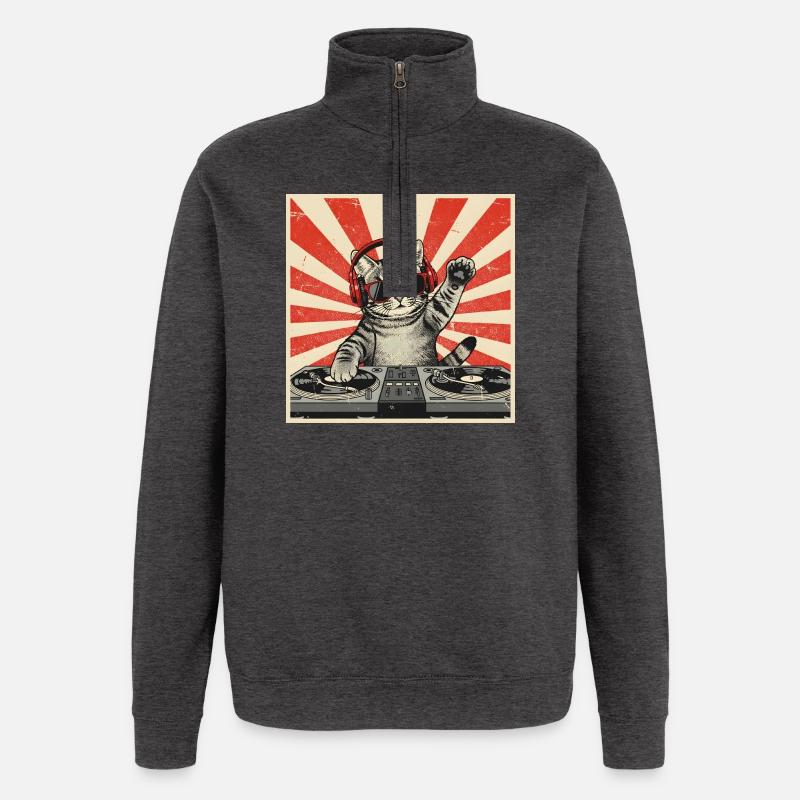 Cat DJ Pop Art rétro - Sweat à zip 1/4 - charbon