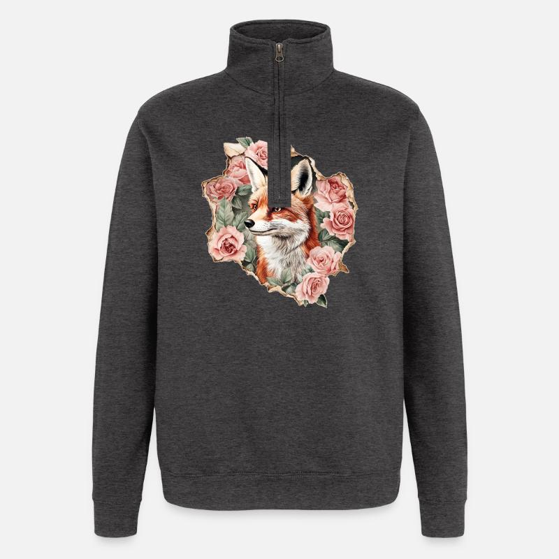 Ræv med roser - Sweatshirt med 1/4 lynlås - charcoal