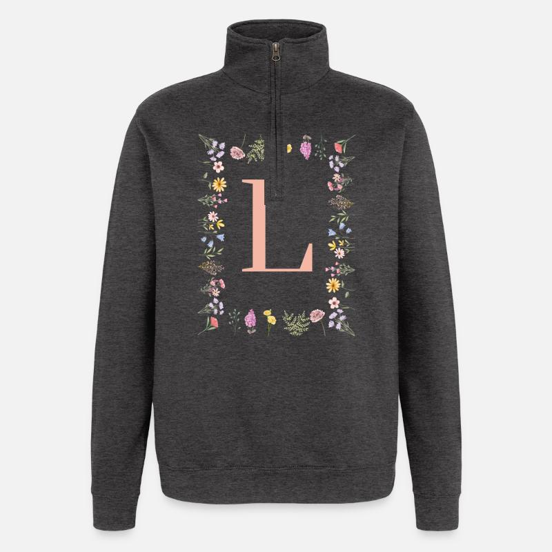 Initiales florales « L », lettres monogrammes - Sweat à zip 1/4 - charbon