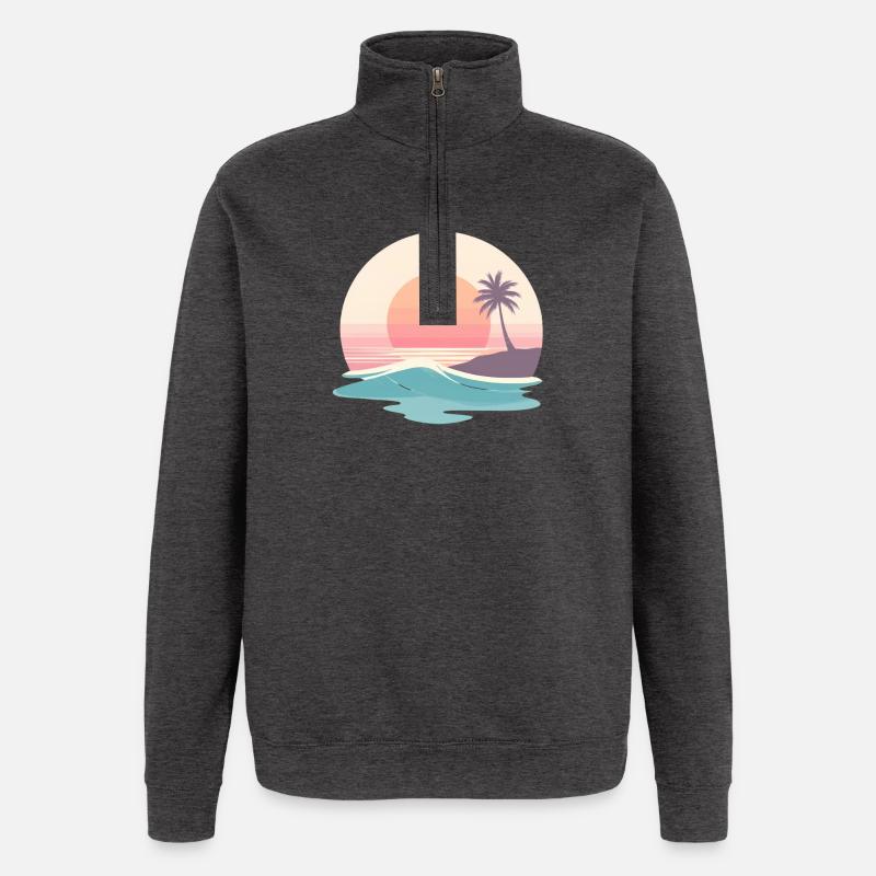 Retro Sunset Beach & Palm Tree - Quarter-Zip Sweatshirt - charcoal grey