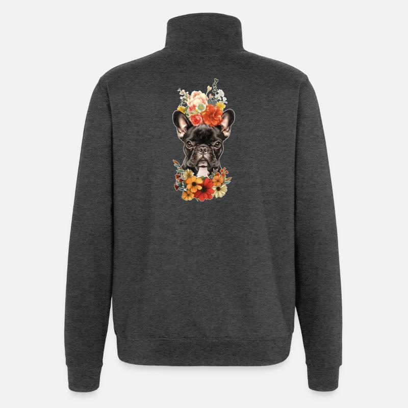 Bouledogue français avec des fleurs - Sweat à zip 1/4 - charbon