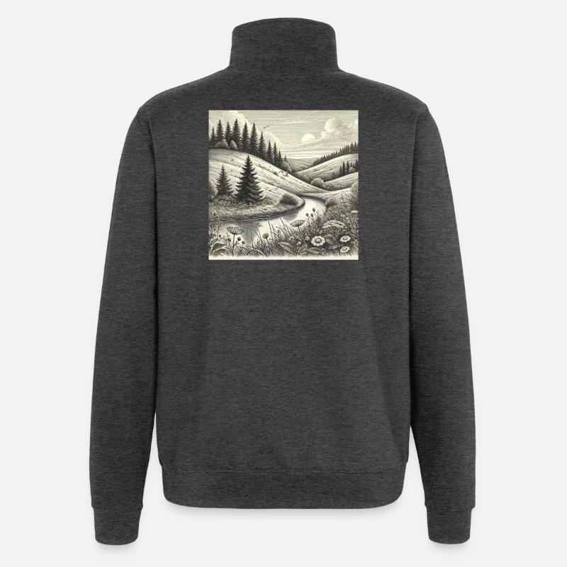 River Forest Landscape Engraving - Quarter-Zip Sweatshirt - charcoal grey