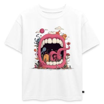 Monde de la Bouche Rose avec des Créatures - T-shirt enfant oversize en coton biologique Premium - blanc - Devant - AI Model Kid Male (0cm)