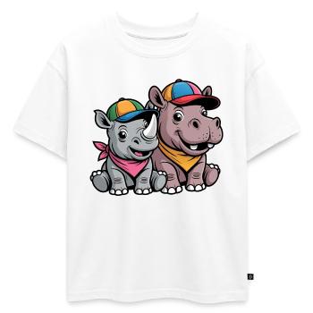 Bébé Rhinocéros et Hippopotame Drôles – Duo d’animaux mignons - T-shirt enfant oversize en coton biologique Premium - blanc - Devant - AI Model Kid Male (0cm)