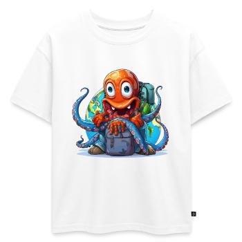 Poulpe voyageuse avec le globe - T-shirt enfant oversize en coton biologique Premium - blanc - Devant - AI Model Kid Male (0cm)