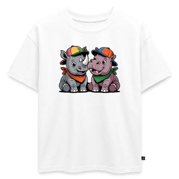 Bébé Rhinocéros & Hippo – Duo d’animaux mignons avec une casquette - T-shirt enfant oversize en coton biologique Premium - blanc - Devant - AI Model Kid Male (0cm)