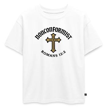 Anticonformiste Chrétien Romains 12:2 Croix d'Or - T-shirt enfant oversize en coton biologique Premium - blanc - Devant - AI Model Kid Male (0cm)